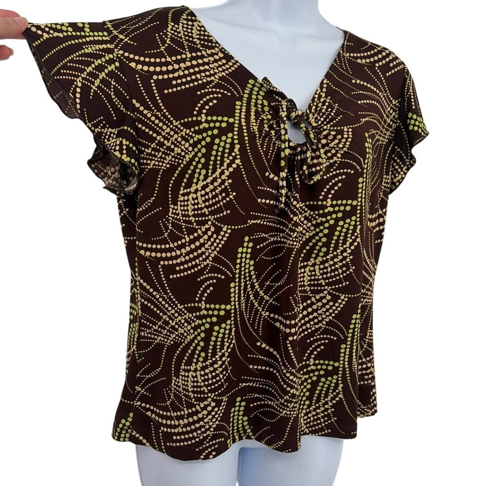 Vtg Y2K KC Stevens Abstract Indie Top Sz L Festival Boho Flutter Sleeve Brown